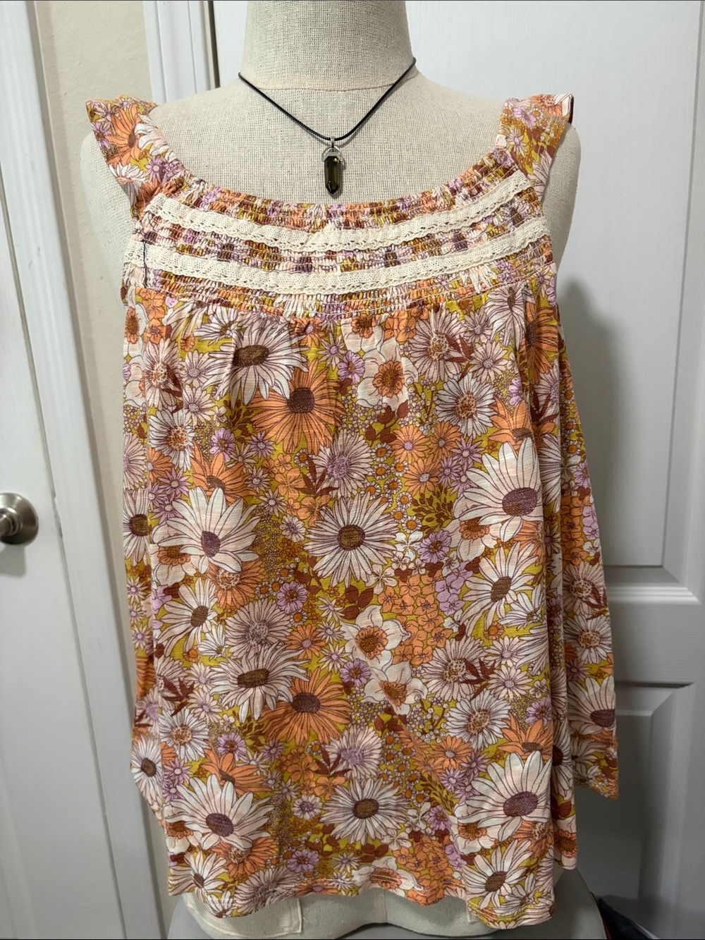 SO Floral Smocked Square-Neck Tank Top - Orange, Cream, Pink, Brown